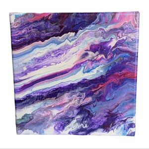 Abstract Fluid Pour Painting 8" X 8" Canvas Home Decor Art Purple Pink Blue Wave